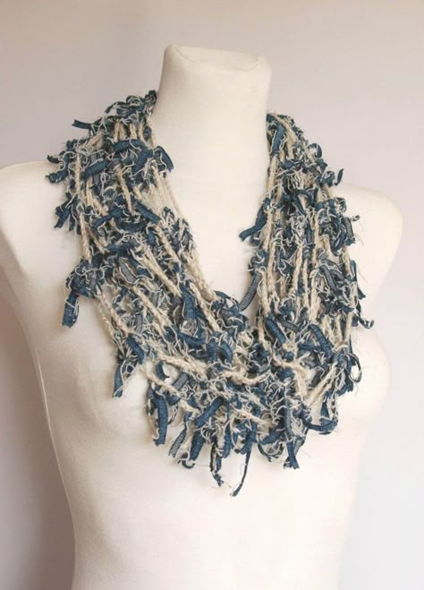 T Shirt Jewelry, Pottery Jewellery, Denim Necklace, Jean Ideas, Fiber Necklace, Denim Baby, Yummy Dishes, Art Necklace, Knit Shawl