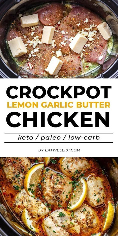 Crock Pot Chicken Dinner, Chicken In Crock Pot, Lemon Garlic Butter Chicken, Ayam Mentega, Slow Cooker Chicken Recipe, Dinner Recipe Chicken, Crockpot Chicken Thighs, Chicken Dinner Recipe, Recipe Slow Cooker