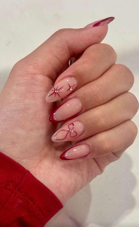 Rhinestones Aesthetic, Red Almond, Christmas Nail Inspo, Red Christmas Nails, Punk Nails, Red French, Cute Christmas Nails, Simple Acrylic Nails, Girly Acrylic Nails