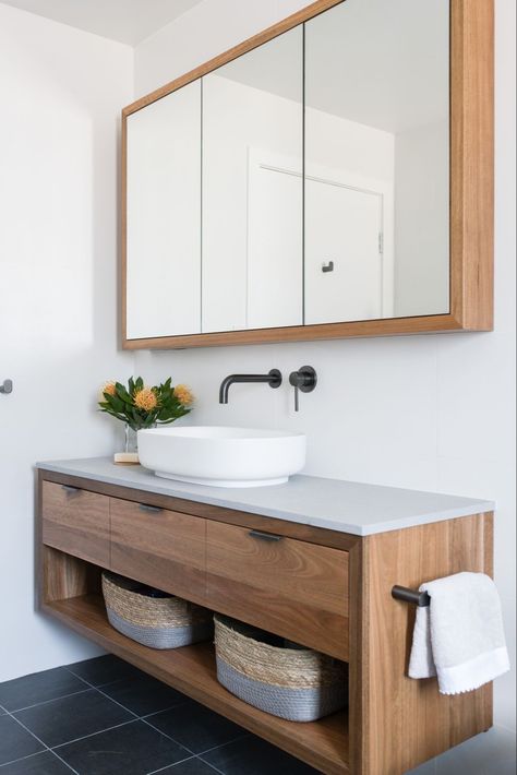 Unique Bathroom Vanity, Timber Vanity, Bathroom Furniture Modern, Bathroom Tapware, Small Bathroom Ideas On A Budget, Small Bathroom Ideas Modern, Tiny Bathrooms, Feature Tiles, Unique Bathroom