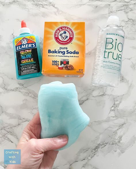 Create your own DIY slime at home with this simple recipe! All you need is some Elmer's glue, baking soda, and contact solution. Mix all the ingredients together and stir until the mixture starts to come together. Knead the slime with your hands until it reaches the desired consistency. Enjoy the squishy, stretchy fun of homemade slime! Glue Baking Soda Contact Solution Slime, Slime With Baking Soda And Glue, Elmer’s Glue Slime Recipe, Kids Slime Recipe Easy, Baking Soda Crafts, Homemade Slime Recipe Easy, Making Slime For Kids, Diy Slime Recipe Without Glue, Slime Recipe Clear Glue