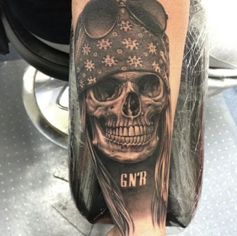 By Cheyenne artist Bob Tyrrell Axl Rose Tattoo, Rose Skull Tattoo, Axel Rose, Pin Up Girl Tattoo, Biker Tattoos, Tattoo Rose, Best Tattoo Ideas, Rose Skull, Gorgeous Tattoos