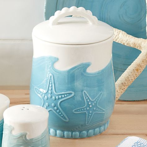 Coastal Waves Treat Jar Blue And White Food, Ocean Ceramics, Coastal Dinnerware, Coastal Bedroom Furniture, Antler Lamp, Coastal Accessories, Ski Lodge Decor, Hanging Furniture, Treat Jar