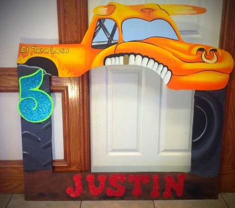 El Toro Loco, Monster Jam, Monster Trucks photo frame prop for pictures with guest's Diy Monster Truck Photo Prop, Monster Truck Photo Prop, El Toro Loco Birthday Party, Toro Loco Birthday Party, El Toro Loco Monster Jam, Monster Jam Birthday Cake, Hot Wheels Themed Birthday Party, Monster Jam Birthday Party, Monster Truck Jam