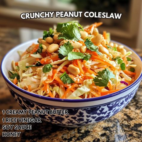 🥜🥗 Get ready to elevate your coleslaw game with this Crunchy Peanut Coleslaw! 🥜🥗 Crunchy Peanut Coleslaw Ingredients: - 1/2 cup creamy peanut butter - 1/4 cup rice vinegar - 2 tbsp soy sauce - 2 tbsp honey - 1 tbsp sesame oil - 1 tsp grated ginger - 1 clove garlic, minced - 1/4 cup chopped peanuts - 1/4 cup chopped cilantro - 4 cups shredded cabbage - 1 cup shredded carrots - 1/2 cup chopped scallions Instructions: 1. In a bowl, whisk together peanut butter, rice vinegar, soy sauce, honey,... Peanut Coleslaw, Chinese Salad, Cozy Fall Recipes, Shredded Cabbage, Shredded Carrots, Butter Rice, Festive Drinks, Shredded Carrot, Hearty Soups