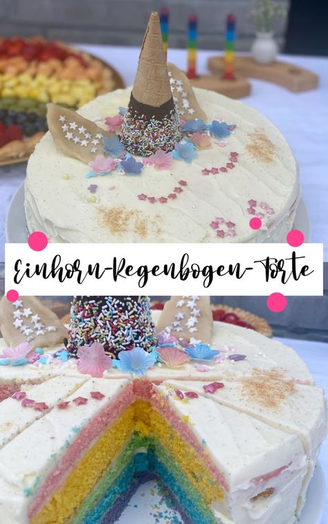 Planst du eine Einhorn-Party? Diese Einhorn-Regenbogen-Torte sieht einfach traumhaft aus, schmeckt gut und ist nicht kompliziert. Rezept ohne Fondant! + 5 weitere Ideen für einfache Einhorn-Kuchen… Slices Recipes, Hello Kitty Party, 4th Birthday Parties, Unicorn Birthday, Baby Birthday, 3rd Birthday, Diy Baby Stuff, Matilda, Cake Desserts