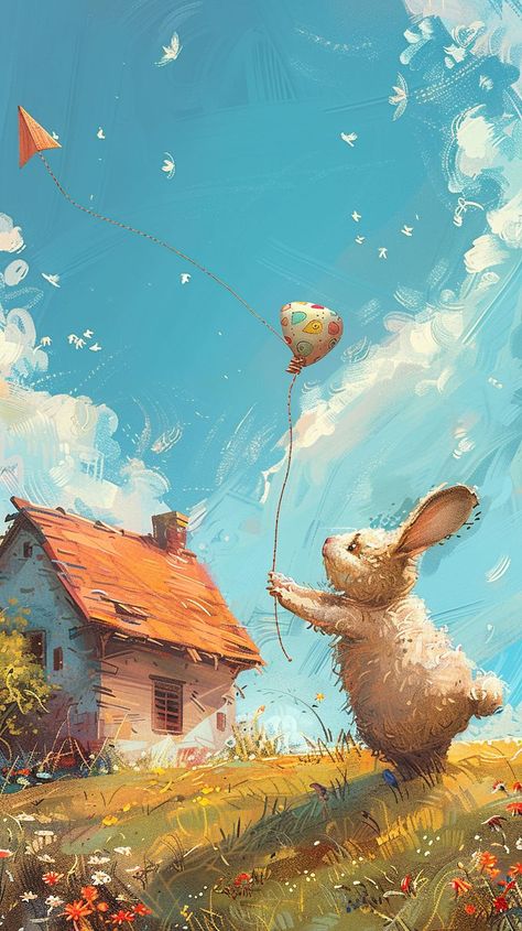 Transform your phone screen with this adorable Whimsical Bunny Kite phone wallpaper! 🐰📱 Let this charming design lift your spirits every time you use your phone. Perfect for animal lovers and those who enjoy whimsical art. #phone wallpaper #bunny #kite #whimsical art Whimsical Phone Wallpaper, Wallpaper Bunny, Art Phone Wallpaper, Whimsical Bunny, Doodles Ideas, Bunny Wallpaper, Spring Landscape, Whimsical Art, Phone Screen