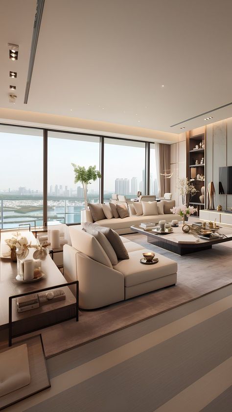 A lavish modern interior design for a large apartment living room in Dubai, where comfort meets opulence in every carefully curated element. Reka Bentuk Bilik Tidur, Hiasan Bilik Tidur, Modern Sofa Designs, Aesthetic Home Decor, Kitchen Home Decor, Inspire Me Home Decor, Design Room, Ideas Living Room, Minimalist Interior Design