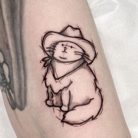 Cat Tattoos on Instagram: “Kitty tattoo by @neonghae_tattoo #cattattoo #cattattoos #kittytattoos” Cowboy Kitty Tattoo, Meowdy Cat Tattoo, Cat Tattoo Leg, Cat Sleeve Tattoo, Cowboy Cat Tattoo, Funny Cat Tattoo, Chaotic Tattoo, Zuko Tattoo, White Cat Tattoo