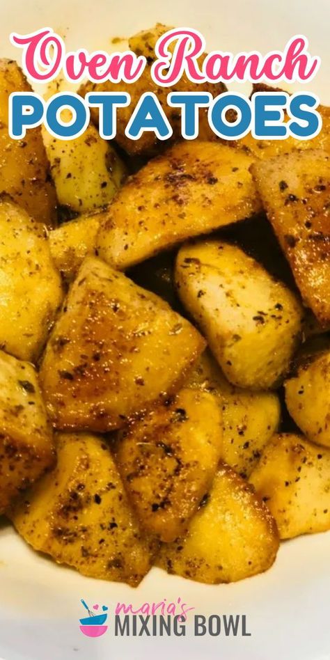 Your new favorite potato idea for dinner! Perfectly seasoned while being soft and tender with a crispy exterior, these Oven Ranch Potatoes are everything you want and more. Save this easy side dish recipe and enjoy dressing up plain roasted potatoes! Side Dish Potatoes Easy, Beans And Potatoes Recipe, Sides With Potatoes, Real Potato Recipes, Oven Potatoes Baked, Box Potatoes Recipes, Thickened Potatoes, Potatoes Easy, Potato Ideas For Dinner