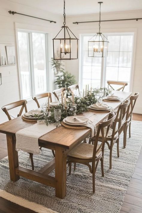 "Create a stunning Modern Farmhouse Table with this DIY project! 🛠️🏡 Ideal for stylish dining. #FarmhouseInspo #DIYTable #FarmhouseDesign" Rustic Dining Room Ideas Farmhouse Style, Magnolia Dining Room Ideas, Modern Farmhouse Dining Room Decor Ideas, Dining Room Ideas Modern Farmhouse, Magnolia Dining Room, Dining Room Table Diy, Dining Room Modern Farmhouse, Modern Farmhouse Kitchen Table, Farmhouse Table Diy