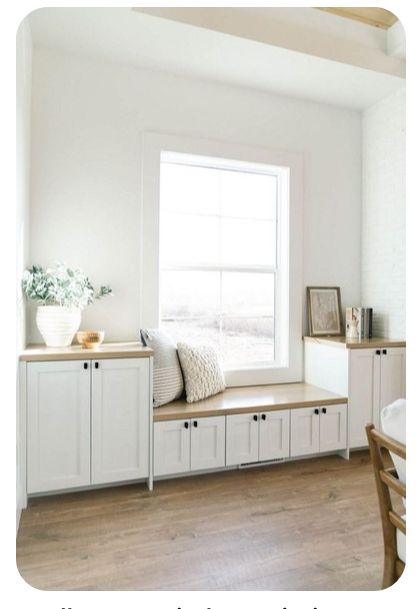 Built In With Bench Living Room, Cabinet Below Window, Window Seat And Storage, Storage Around Window Bedroom, Bench With Storage Under Window, Window Seat Between Cabinets, Shoe Storage Under Window, Window Bench With Cabinets, Narrow Window Seat Ideas