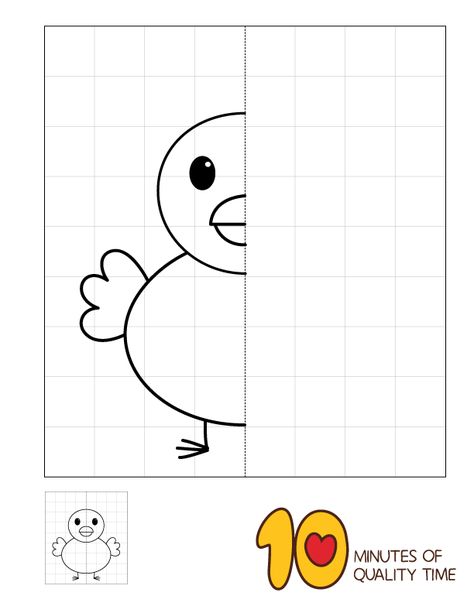 Symmetry Drawing Worksheet - Chick Symmetry Drawing For Kids, Drawing Worksheet, Symmetry Activities, Kindergarten Drawing, Symmetry Drawing, Drawing Lessons For Kids, Math Crafts, Learning English For Kids, Art Worksheets