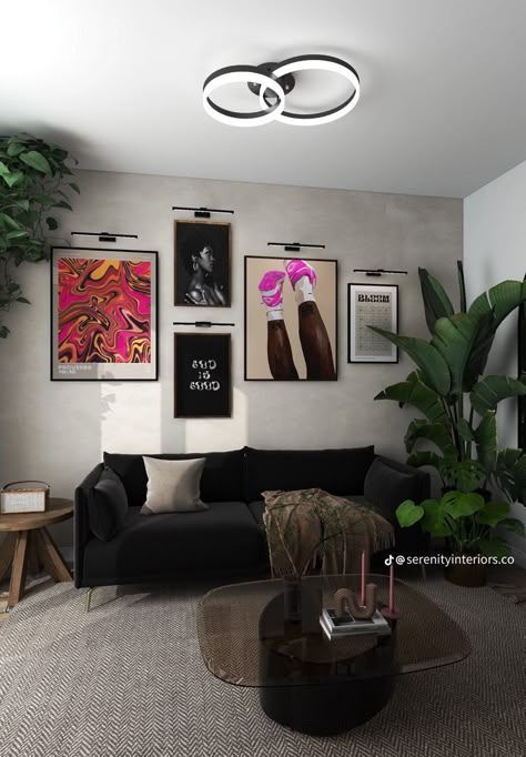 Modern Street Style Home Decor, Black Walls Apartment, Black Decor Apartment, Living Room Black Couch Decor, Afro Centric Apartment Aesthetic, Living Room Ideas Apartment Black, His And Her Apartment Ideas, Houston Apartment Aesthetic, Edgy Living Room Decor