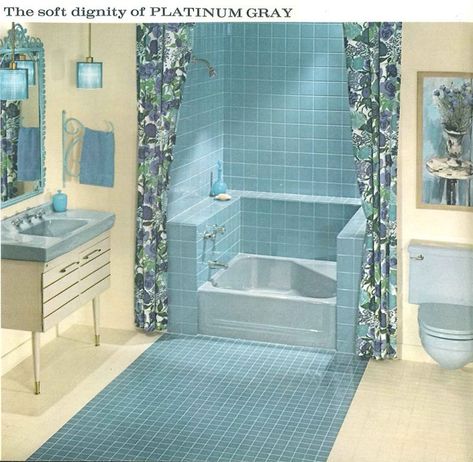 The color gray in vintage bathrooms from 1927 to 1962 - Retro Renovation 60s Bathroom Remodel, Vintage Bathroom Pictures, 60s Bathroom Decor, 60s Bathroom, 1960s Bathroom, Retro Bathroom Decor, Bathroom Retro, Blue Bathroom Tile, Vintage Bathtub