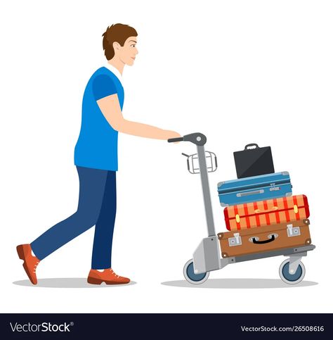 Man with luggage trolley in airport vector image Trolley Illustration, In Airport, Luggage Trolley, Airport Travel, Flat Style, Fashion Flats, Transparent Png, Png Images, Stationary Bike