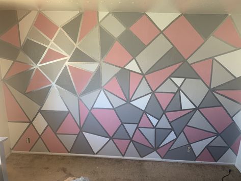 Pink and gray geometric accent wall i created in my bedroom Pink Triangle Wall Paint, Frog Tape Wall, Painting Geometric Triangle Accent Wall Pattern, Geometric Wall Paint Pink And Grey, Geometric Wall Purple, Dusty Pink Geometric Wall, Striped Accent Wall, Pink And Grey Room, Grey Painted Walls