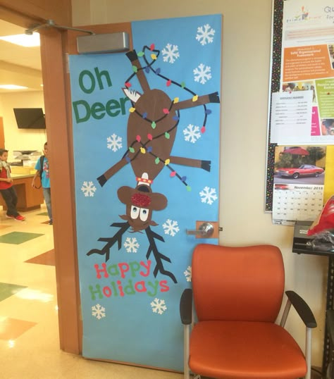 Winter holiday door. Office door at elementary school Deer Door Decorations For School, Oh Deer Door Decoration, Oh Deer Christmas Door, Reindeer Door Decoration Christmas, Winter School Door Decorations, Office Christmas Door Contest, Christmas Door Decorating Contest Ideas, Christmas Office Door Decorating Contest, Winter Door Decorations Classroom