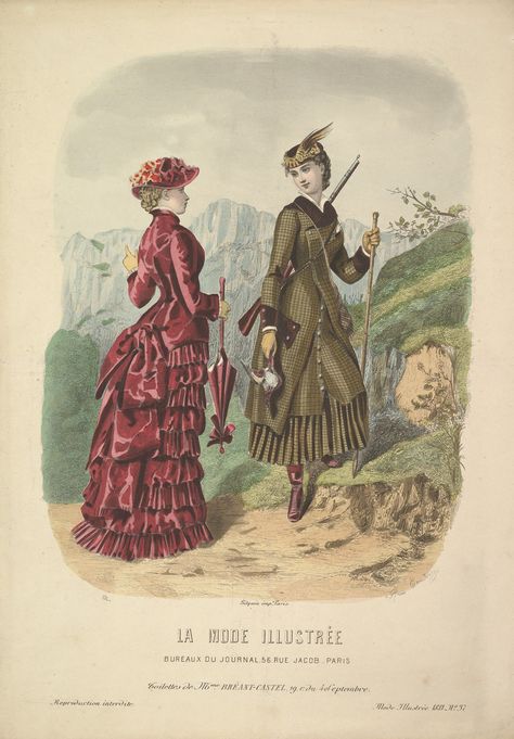 1881 - A Hunting dress and a Walking dress - La Mode Illustrée Hunting Costume, Hunting Dress, Mountain Path, Old Fashion, Natural Forms, Vintage Artwork, Fashion Plates, A Lady, Historical Fashion