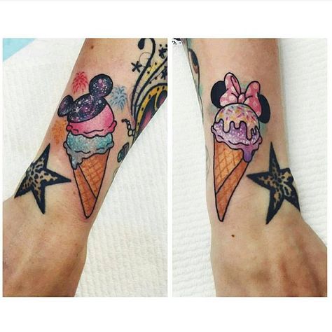 I LOVE these little ice cream cones! On @bangbang.pow done by @laurenwinzer #InkedDisney Vintage Clock Tattoos, Ice Cream Tattoo, Cream Tattoo, Matching Tats, Thigh Tat, Food Tattoos, Clock Tattoo, New School Tattoo, Ice Cream Cones