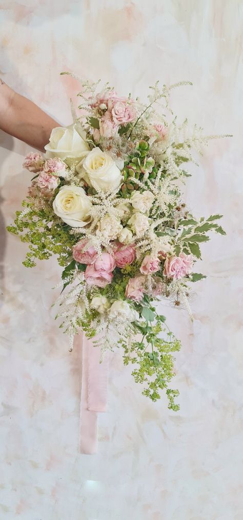 Pink, white and green bouquet Green And Pink Flower Bouquet, Pink White Green Bouquet, Pink Green Bouquet, Entourage Flowers, Wedding Flower Arrangements Table, White And Green Bouquet, Bridal Entourage, Wedding Flowers Table, Small Bridal Bouquets