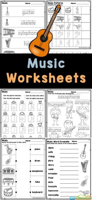 Introduce kids to the world of music with these super cute music worksheets. These free music worksheets include activities for pre-k, kindergarten, first grade, 2nd grade, 3rd grade, 4th grade, 5th grade, and 6th grade students. The free fun music worksheets pdf include patterns, colors, musical order, musical instrument worksheets, musical note names, music sybols, musi I spy, musical notes on the staff, and some basic music theory for elementary age students.  Simply print the music theory wo Music Theory Worksheets Free Printable, Free Music Theory Worksheets, Free Music Worksheets, Basic Music Theory, Learn Music Theory, Music Theory Worksheets, Cute Music, Music Lessons For Kids, Music Worksheets