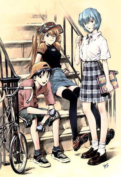 Shinji, Asuka & Rei (Neon Genesis Evangelion) Evangelion Shinji, Asuka Langley Soryu, Evangelion Art, Neon Evangelion, Rei Ayanami, Genesis Evangelion, Neon Genesis, 90s Anime, Neon Genesis Evangelion