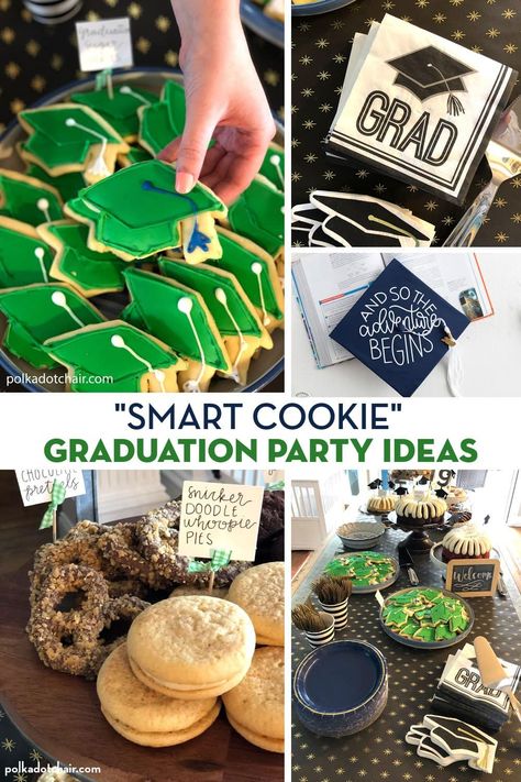 Host a graduation party with a "one smart cookie" theme with our fun graduation party ideas. One Smart Cookie Graduation Party, Smart Cookie Graduation Party, Cookie Graduation Party, Boys High School Graduation Party, Grad Party Theme, Grad Party Decor, Cookies Theme, Polka Dot Chair, Graduation Party Themes