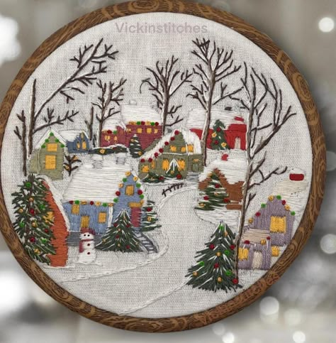 Beautiful snowy country Christmas village  embroidery Kit wall hanging. 6'" hoop design full kit. This beautiful embroidery kit features a snowy holiday scene of a country snow village  nestled into a pine forest. This is a complex and very detailed design I would not recommend to new beginners. This design also contains many many colors in order to add all the festive tiny details.  Easy-to-follow instructions should help you to stitch your way to a  beautiful art piece.   Complete all included Christmas Scene Embroidery, Christmas Village Embroidery, Christmas House Embroidery, Village Embroidery, Hometown Christmas, Vintage Village, Winter Embroidery, Snowflake Craft, Winter Schnee