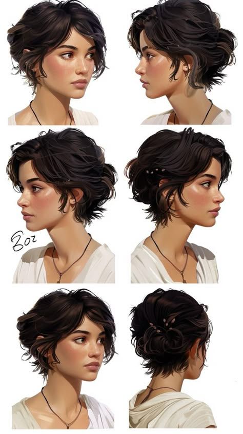 Laura Croft Hair, Tomboy Hair Color, Short Hair Female Character Design, Fantasy Hairstyles Short, Short Fantasy Hair, Curly Hairstyles Drawing Reference, Curly Hairstyles Drawing, Hairstyles Drawing Reference, Hairstyles Drawing