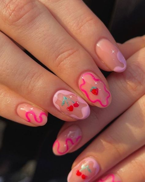 Bright Cute Nails, Light Pink And Red Nails, Fruit Summer Nails, Disney Almond Nails, Funky Pink Nails, Bright Holiday Nails, Girly Nail Designs, Busy Nails, Bright Fun Nails