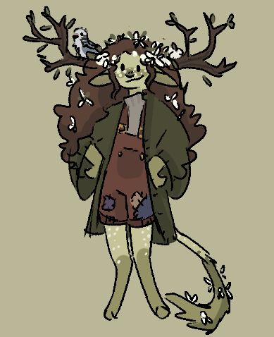 Human Avian Art, Forest Clothes Drawing, Deer Oc Art Human, Cottagecore Oc Art, Cottagecore Dnd Character, Deer Person Drawing, Fawn Character Design, Goblincore Character Design, Gnome Reference