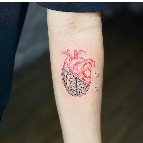 Human Heart Tattoos For Women, Brain And Heart Matching Tattoo, Brain Heart Scale Tattoo, Med Tattoo Ideas, Heart And Mind Balance Tattoo, Medical Heart Tattoo, Radical Acceptance Tattoo, Head And Heart Tattoo, Brain Tattoo Psychology