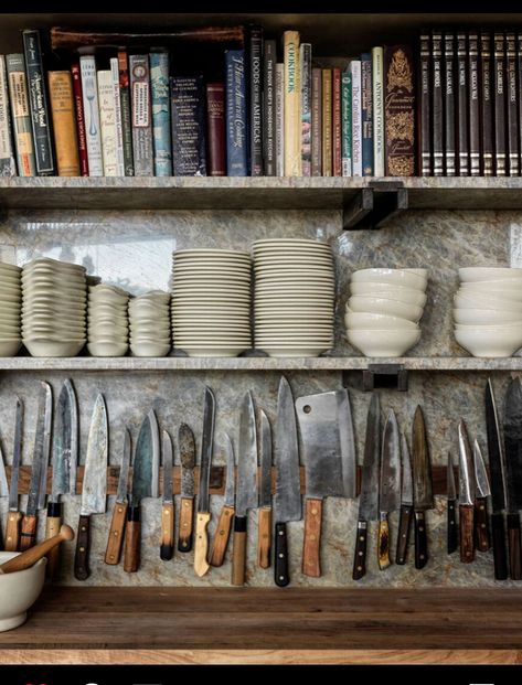 Heritage Style Interior, Cluttered Kitchen Aesthetic, Chefs Home Kitchen, Old Italian Kitchen, Chef Home Kitchen, Real Interiors, New York Kitchen, Knife Strip, Strip Wood