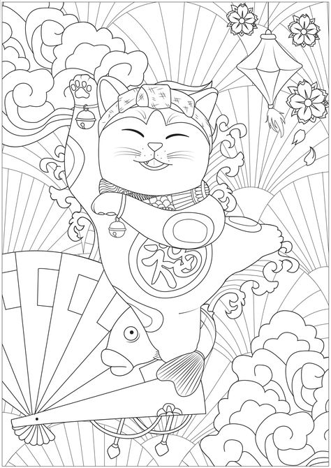 Japan Illustration, Cat Coloring, Kid Coloring Page, Neko Cat, Japanese Cat, Japon Illustration, Cat Coloring Page, Maneki Neko, Mandala Coloring Pages