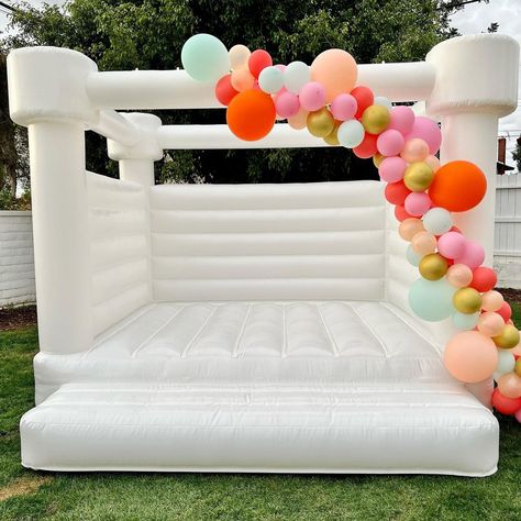 Social Bounce House LLC on Instagram: “&& it just got even cuter! 😍” All White Bounce House, First Birthday Bounce House, White Bouncy House With Balloons, White Bounce House Graduation, Grad Party Bouncy House, Balloons On Bounce House, White Bounce House Birthday, White Bounce House With Balloons, Bouncy House Birthday Party