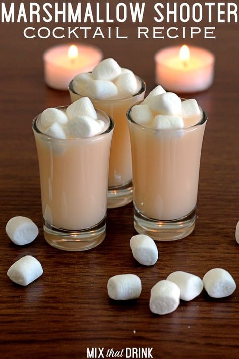 The Marshmallow Shooter is a cocktail I came up with when I was trying to make a drink that tasted like a marshmallow. It's vanilla, sweet and just a little bit buttery. Not exactly marshmallow, but good. Marshmallow Drink, Marshmallow Vodka, Marshmallow Shooter, Easy Alcoholic Drinks, Raspberry Mojito, Drinks Ideas, Infused Vodka, Winter Cocktails, Sweet Drinks