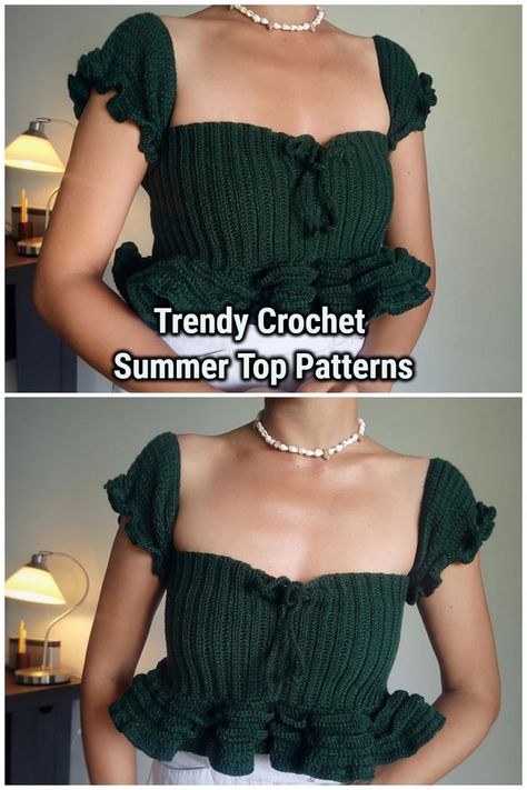 This Crochet a 3-tier Ruched Sleeves Top features a lovely detail of ruched or gathered sleeves using an i-cord. The 3-tier ruffles in the bottom can be extended as well as the panel height according to your preference. Crochet Ruffle Top, Crochet Projects To Sell, Crochet Kingdom, All Free Crochet Patterns, Summer Top Pattern, Crochet Ruffle, All Free Crochet, Crochet Summer Tops, I Cord