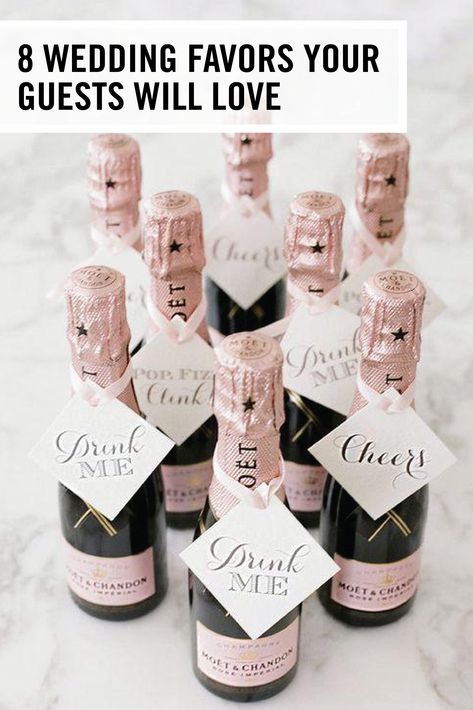 Show your wedding guests just how much you appreciate them with one of these 8 Wedding Favors your Guests will Love! From mini champagne bottles to personalized cookies,  you’re sure to find the perfect gift for your celebration. Champagne Wedding Favors, Leslee Mitchell, Alcohol Wedding Favors, Affordable Wedding Favours, Frugal Wedding, Creative Wedding Favors, Wedding Favors And Gifts, Rustic Wedding Decorations, Mini Champagne Bottles