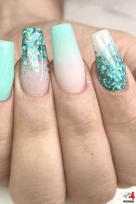 Mint Green Nail Art, Sns Nails Designs, Korean Nail, Green Acrylic Nails, Brown Nails Design, Sns Nails, Green Nail Designs, Ombre Acrylic Nails, Green Nail