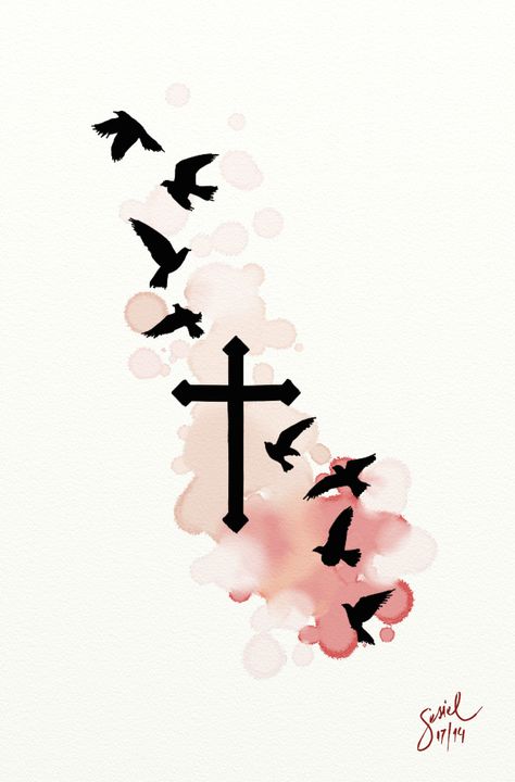 #tattoo #birds #color #cross Cross And Birds Tattoo Ideas, Cross With Birds Tattoo, Images Of Tattoos, 2023 Tattoo Ideas, Tattoo Birds, 2023 Tattoo, Inspiration Sketch, Cross Tattoos For Women, Different Tattoos