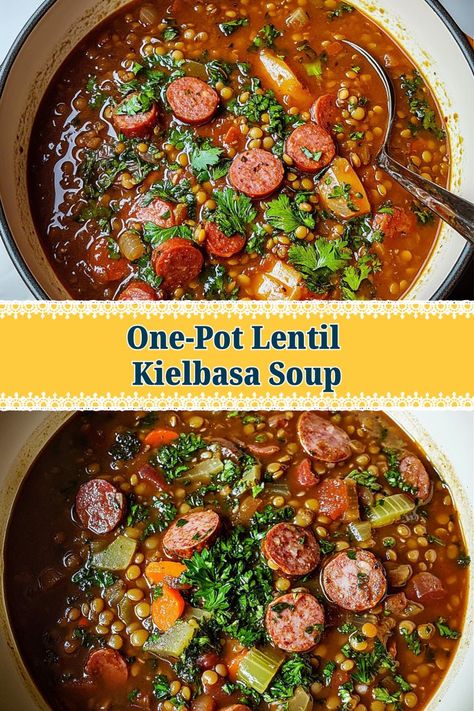 Savor the flavors of this Savory Lentil Kielbasa Soup, where hearty lentils meet smoky kielbasa in a rich broth. This one-pot wonder is perfect for cozy dinners and meal prep, offering comfort with minimal cleanup! Kielbasa And Kale Soup, Kielbasa Bean Soup Recipes, Cozy Kielbasa Soup, Lentils And Kielbasa, Lentil And Kielbasa Soup, Cozy Potato Kielbasa Soup, Kielbasa Lentil Soup, Lentils And Sausage, Kielbasa Soup