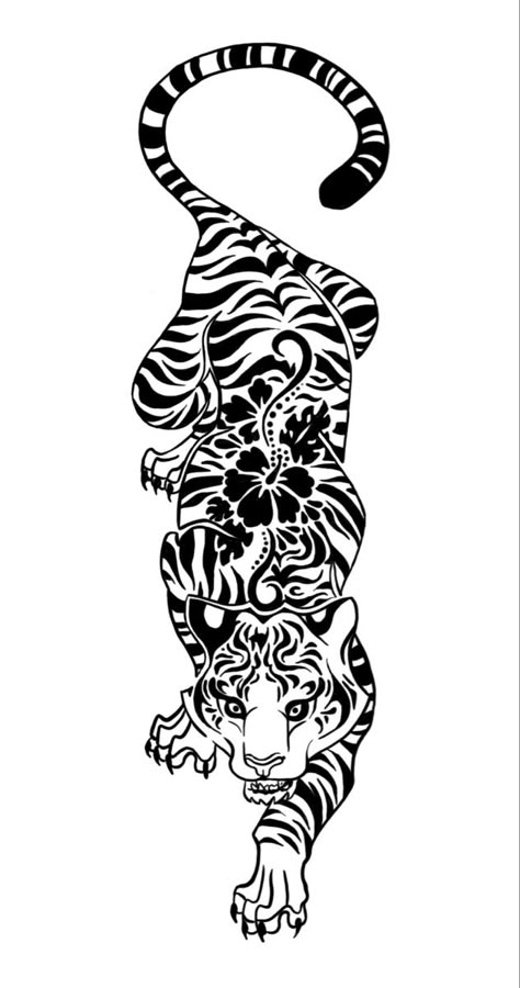 Black and white hand drawn (digital) drawing of a tiger with a hibiscus pattern within it’s strips, serving as an inspo pic for a future tattoo Tiger Tattoo Stomach Women, Under Glute Tattoo, Leopard Spine Tattoo, Panther Tattoo Shoulder, Ed Hardy Tiger Tattoo, Tiger Spine Tattoo Women, Hip Tattoos Women Cover Up, Tiger Foot Tattoo, Animal Print Tattoos