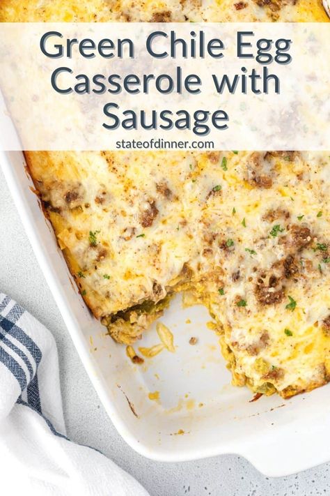 This easy Green Chile Egg Casserole is made with sausage, tortillas, eggs, and cheese It can be made ahead and refrigerated overnight, which makes your breakfast or brunch stress-free! Egg Sausage Casserole, Egg And Sausage Casserole, Green Chile Egg Casserole, Egg And Cheese Casserole, Egg And Sausage, Sausage Egg Casserole, Sausage Casserole Recipes, Easy Casseroles, Egg Sausage