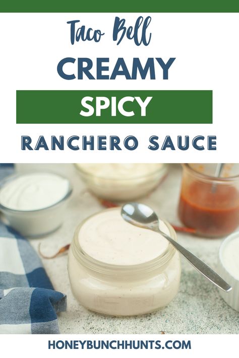 Discover the secret to recreating your favorite Taco Bell flavors at home with our Creamy Spicy Ranchero Sauce recipe - a zesty punch in just 4 simple ingredients! Perfect for tacos, burritos, and more. Get this sauce recipe and more at Honeybunch Hunts website. Ranchero Sauce Recipe, Homemade Taco Sauce, Burrito Sauce, Sour Cream Ranch Dressing, Ranchero Sauce, Southwest Sauce, Taco Bell Copycat, Mexican Meals, Spicy Tacos