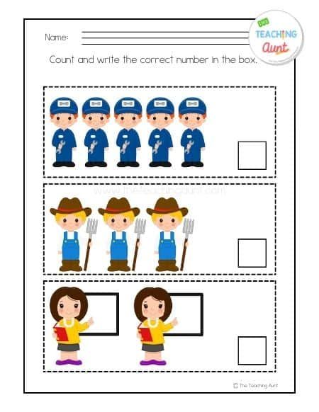 Community Helpers Counting Worksheets - The Teaching Aunt Community Helpers Counting, Pre K Math Worksheets, Community Helpers Worksheets, Background For Powerpoint Presentation, People Who Help Us, Counting Worksheets, Preschool Math Worksheets, Kindergarden Activities, Community Helper