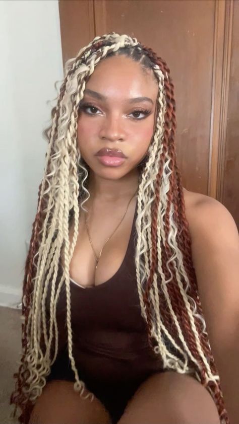 Color Twists Black Women, Ginger And Blonde Island Twist, Green Passion Twist, Blonde And Brown Passion Twist, Honey Blonde Twists Black Women, Brown And Blonde Twists, Colored Island Twist, Brown Twists Black Women, Island Twist Hairstyle Color Combos