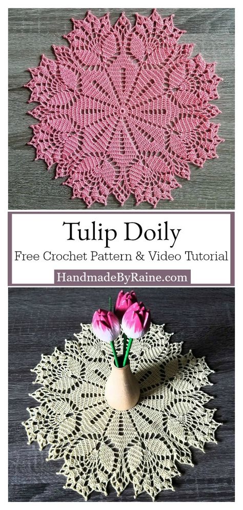 Tulip Doily Free Crochet Pattern and Video Tutorial Crochet Tulip Doily Free Pattern, Crochet Snowflake Doily Free Pattern, Vintage Crochet Doily Pattern Free, Vintage Doily Patterns, Crochet Doily Free Pattern, Vintage Crochet Doily Pattern, Crochet Centerpiece, Free Doily Patterns, Crochet Lace Doily