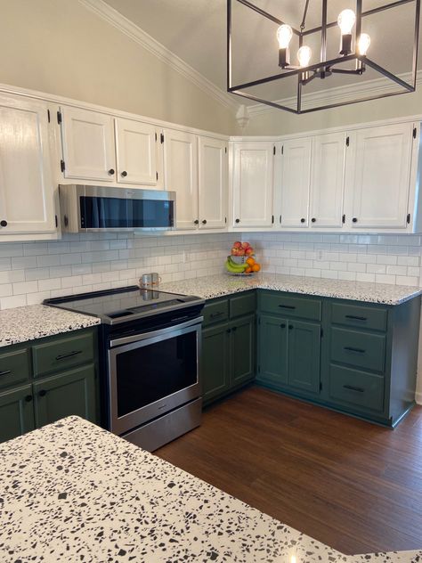 Split Cabinet Colors, Forestwood Green, House With Green Accents, Sw Forestwood, Paris House, Kitchen Cabinet Inspiration, Budget Kitchen Makeover, Vail Village, Cambria Quartz