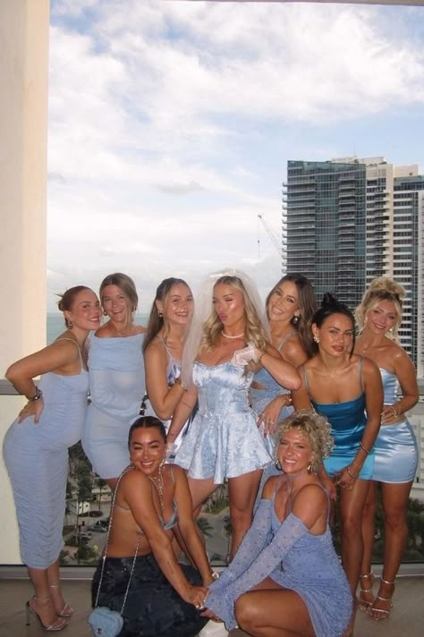 Cool Girl Bachelorette Party, Blue Themed Party Outfit, Bachelorette Party Something Blue, Bachelorette Blue Theme Outfits, Something Blue Bachelorette Outfit, Bachelorette Something Blue Outfits, Something Blue Themed Bachelorette, Blue Bachelorette Party Outfit Group, Blue Bachelorette Outfit